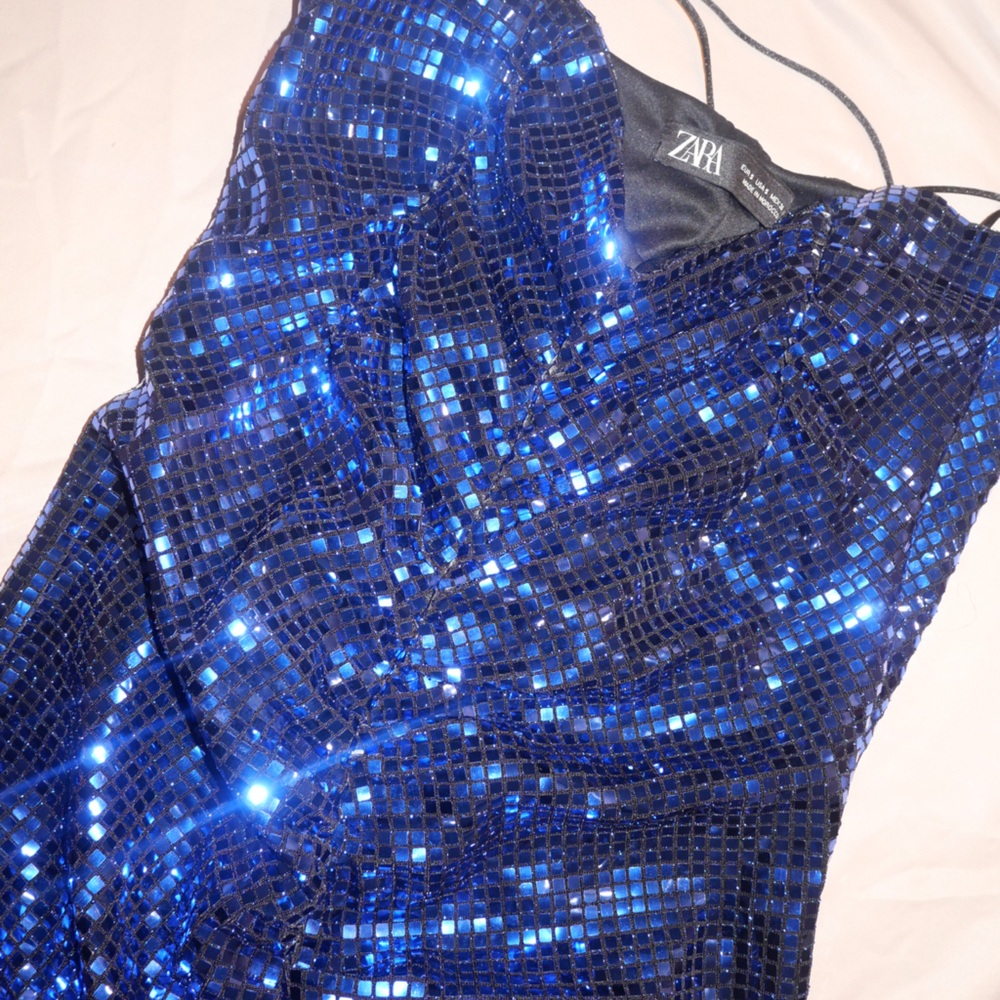 ZARA MIRRORED BLUE DRESS SIZE SMALL WORN FOR PICTURE